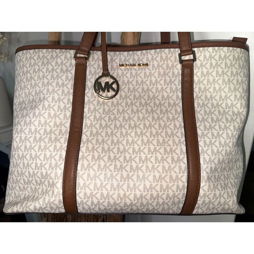 Michael Kors MK Brown Cream Leather Large Tote Logo Bag Purse - Picture 5 of 9